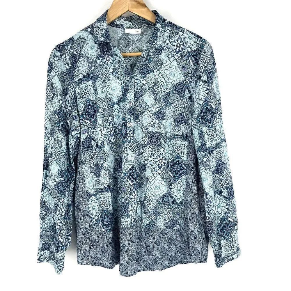 J Jill Top Size Medium Womens Blue Batik Print Blouse Popover Border Trim Rayon